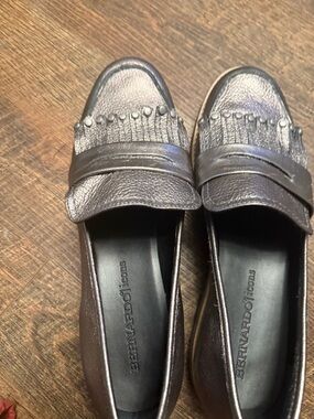 Bernardo Icons Metallic Pewter Leather Fringe Penny Loafers